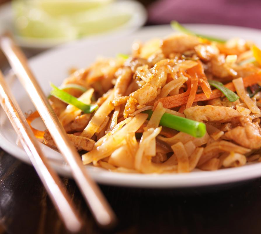 Chicken Pad Thai reflects the Thia cuisine focus of including the four core flavors: hot, sour, salty and sweet.