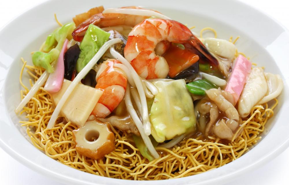Chop suey with seafood.