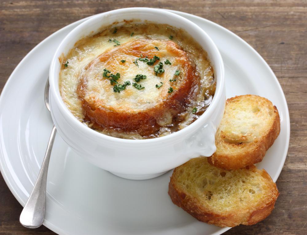 French onion soup is finished in the broiler to melt the cheese.