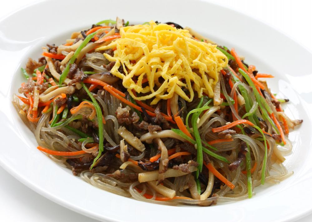 Bean thread noodles, also known as glass noodles, are used to create japchae.