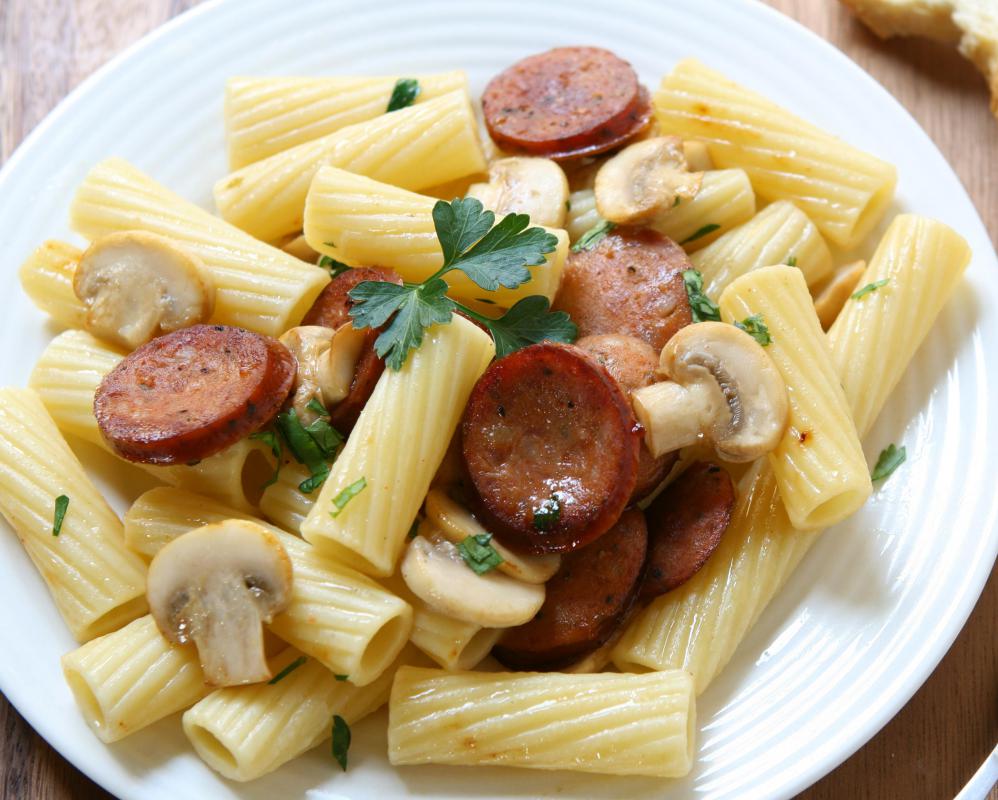 Pasta with sausage and mushrooms.
