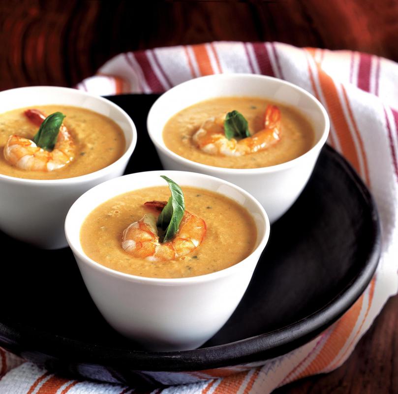 Shrimp bisque is a popular version of this soup consisting of shrimp pureed with various vegetables.