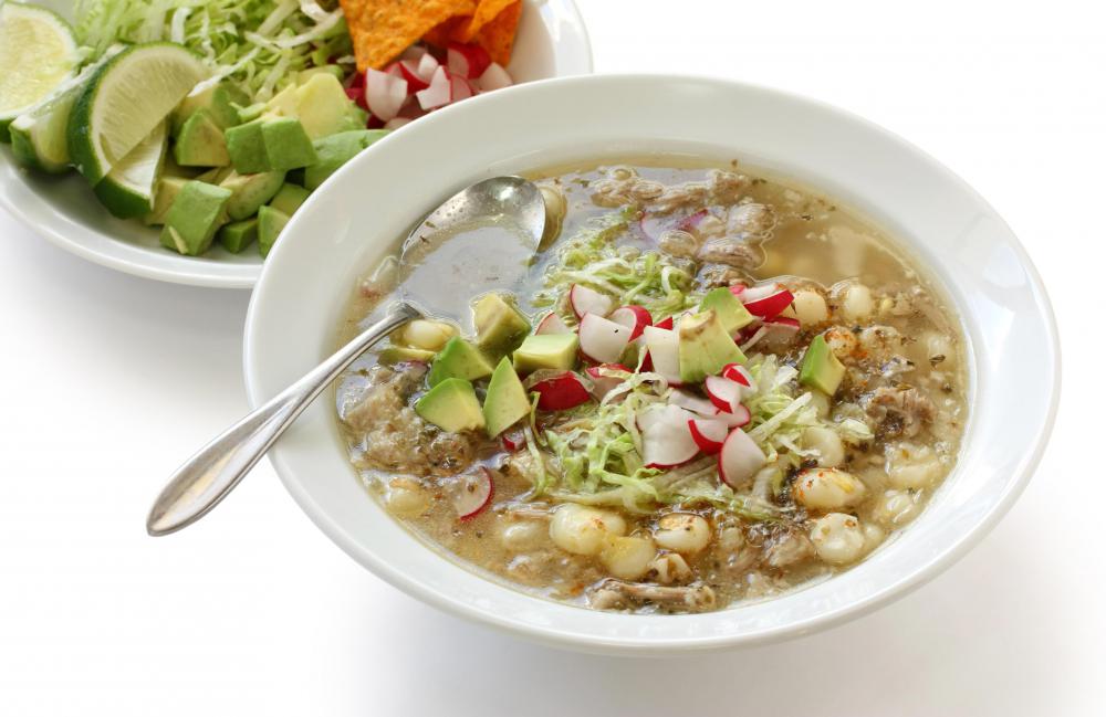 A traditional Latin American soup, pozole contains hominy, vegetables and meat.