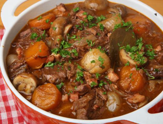 Braised beef is often added to stew, along with onions, tomatoes and other vegetables.