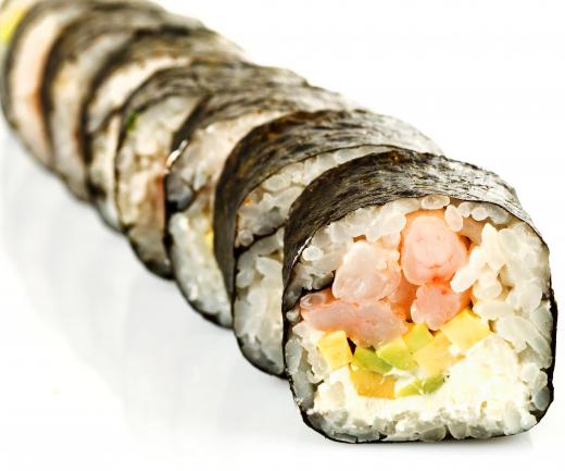 A Boston roll contains poached shrimp, avocado, and cucumber.