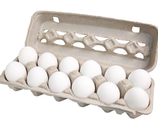 A carton of a dozen eggs. Soy eggs are made by soaking hard boiled eggs in soy sauce.