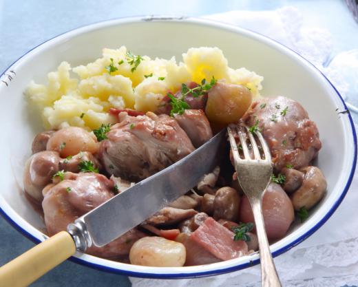 Lardons can be used to add flavor to coq au vin.