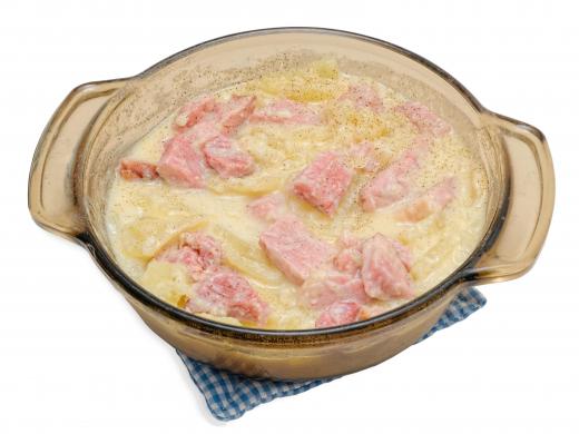 Baked potato casseroles may feature cold cuts of meat, like ring bologna.