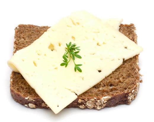 A slice of bread with havarti cheese, a type of fermented cheese.