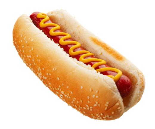 A low-fat hot dog with mustard.