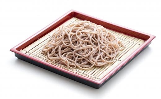 Plate of cooked soba noodles.