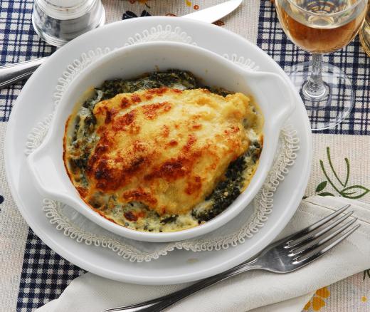 Baked fish, leeks, and spinach topped with mornay sauce.