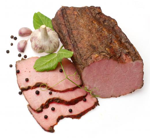 Sliced pastrami, a type of smoked meat.