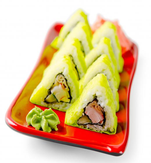 Wasabi is often served with sushi rolls.